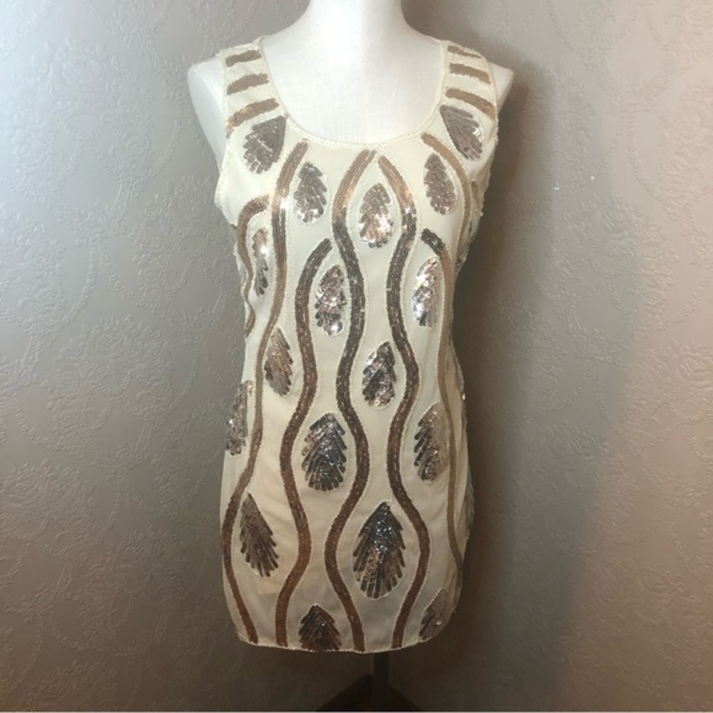 Jerry Beck Sequin Teardrop Flapper Dress L Large cream silver gold excellent
